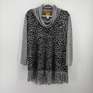 Ruby Rd Womens Large Grey Leopard Print Cowl Neck‎ Fringe Hem Tunic Top